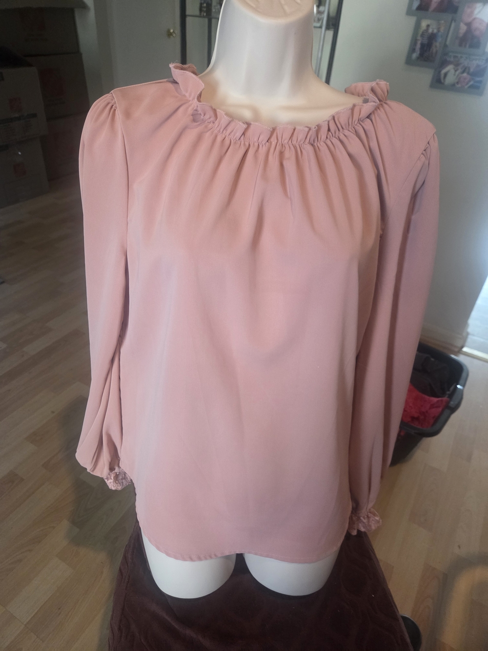 Grace Karin Dusty Rose Ruffle-Neck Long Sleeve Blouse